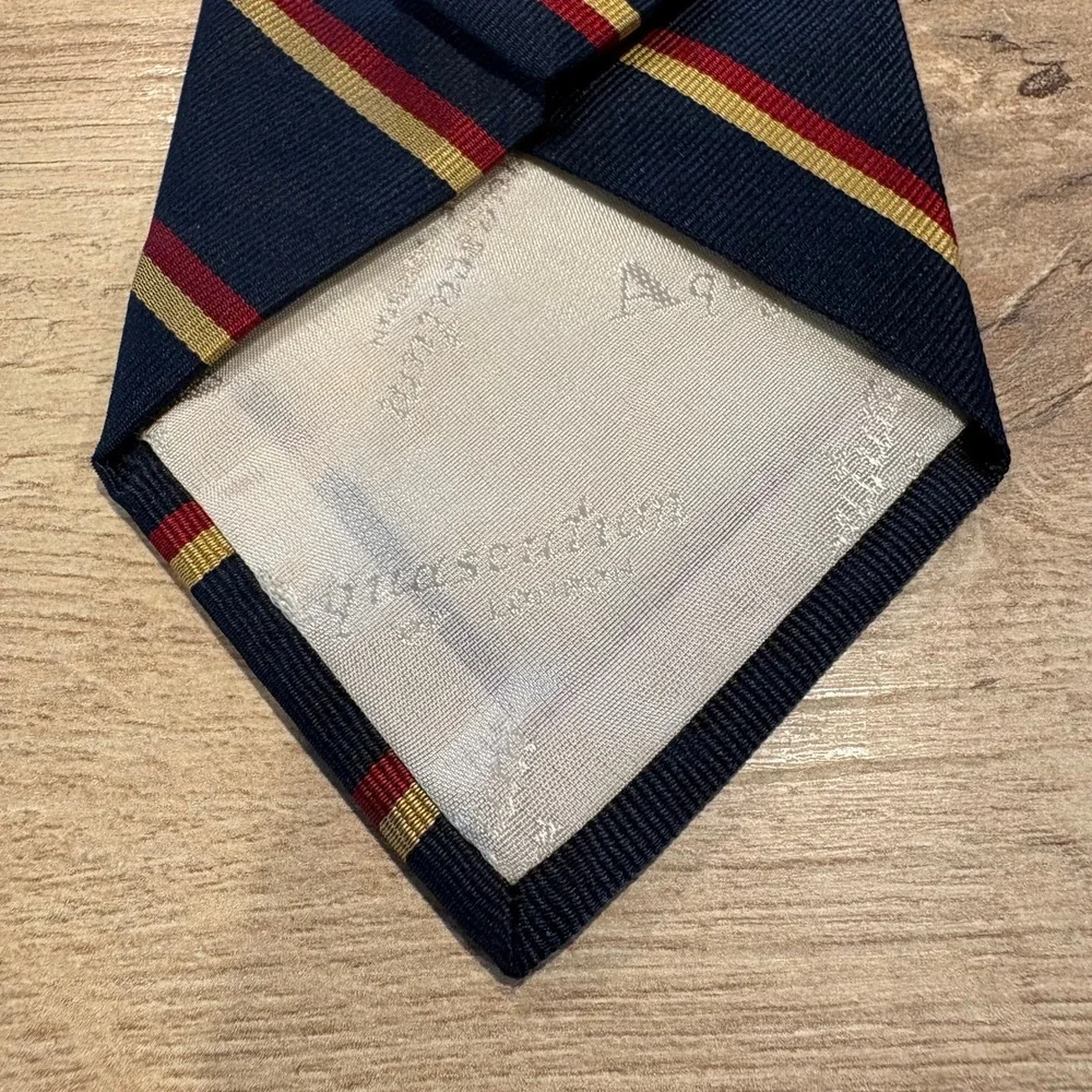 Aquascutum London Mens Silk Tie Navy Red Gold Striped Made in England Regimental